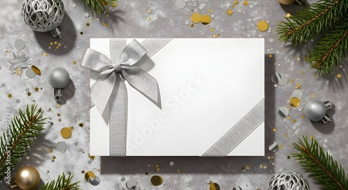 White gift box with silver bow, christmas branches, sparkling ornaments, confetti on gray background for festive holiday celebrations, gifting, and seasonal promotions.