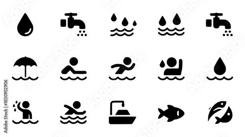 Set of water related icons simple flat vector glyphs for weather swimming and sanitation isolated on white background
