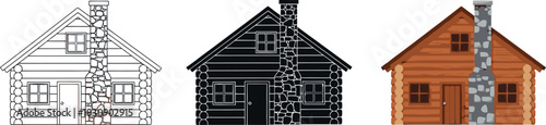 Log cabin illustration set vector design of a wooden house with chimney isolated on white background