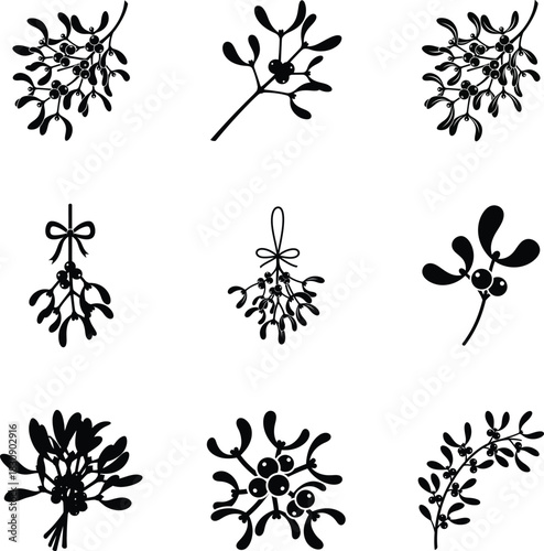 Mistletoe Christmas berry and leaf icon set, simple black silhouette