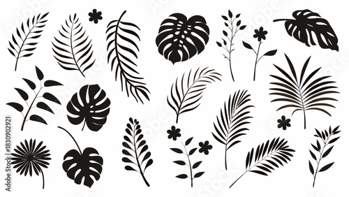 Stunning tropical foliage and flower silhouettes for vibrant designs, creating a modern, elegant botanical feel for invitations, logos, and branding projects
