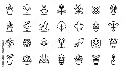 Set of minimalist plant icons simple line vector design elements for gardening isolated on white background