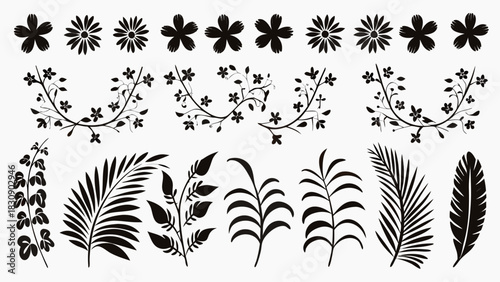 Elegant flower and leaf silhouettes for modern designs, bringing a touch of nature's beauty with a sleek, minimalist floral vector element collection