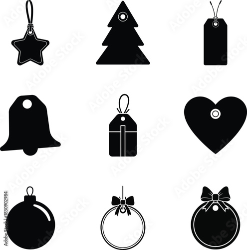 Tag Christmas label icon set with ball, bow, and tree