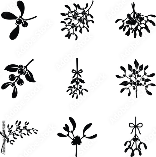 Mistletoe Christmas icon set with berry and bow detail