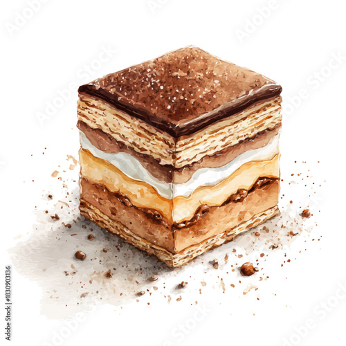 watercolor vector of Opera Cake, isolated on a white background.