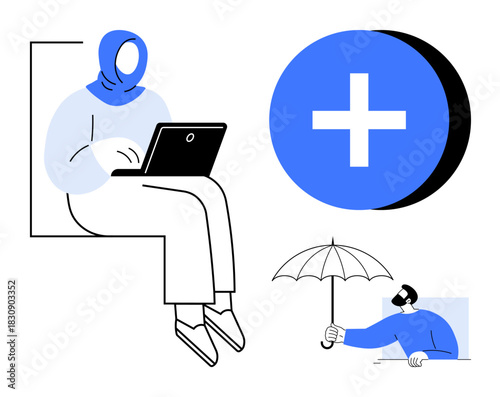 Remote work. Remote work scene with a laptop user, healthcare cross symbol, and an umbrella for protection. Remote work promoting diverse workplace culture and support. Suitable for HR, wellness