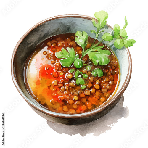watercolor of Lentil Soup, vector, isolated on a white background.