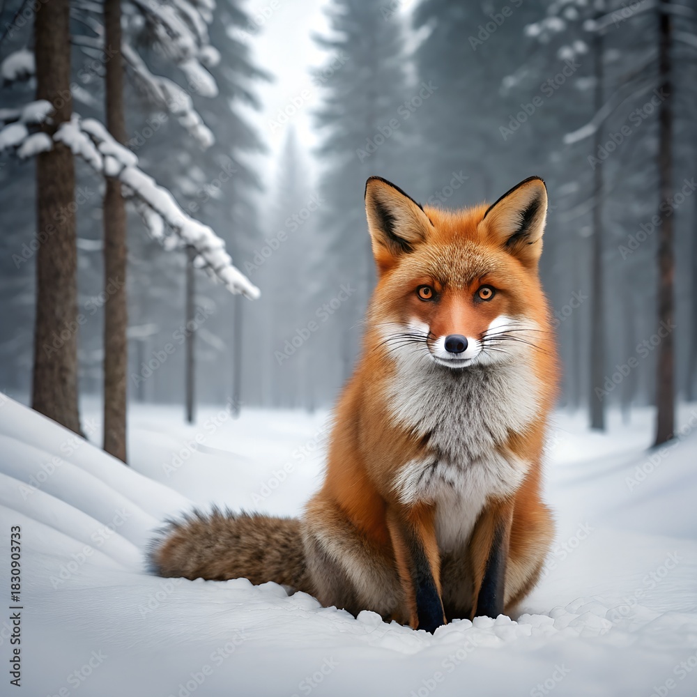 Obraz premium Red fox sitting calmly in snowy winter forest