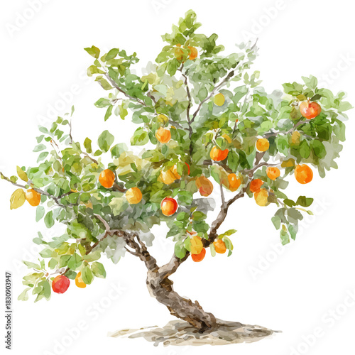 watercolor of Apricot Tree, vector, isolated on a white background.