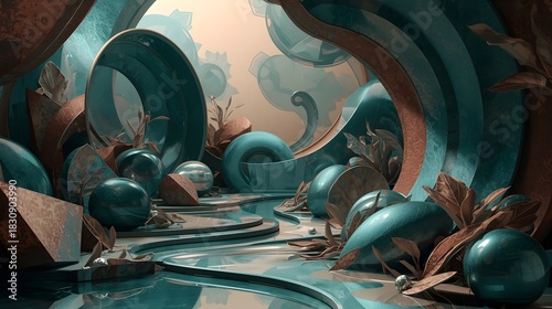 Fototapeta Naklejka Na Ścianę i Meble -  Abstract Geometric Teal and Copper Surreal Environment with Spheres and Organic Forms - Digital Artwork
