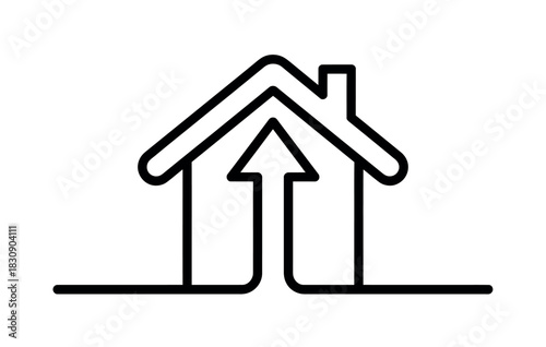 An abstract line art graphic symbolizes a house with an upward arrow inside, representing growth or improvement in housing or real estate concepts.