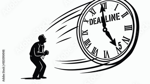 Man facing a giant clock with the word Deadline on it.