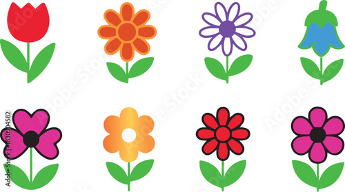 Bright Cartoon Flower Icon Set – Tulip, Daisy, Bellflower & Decorative Floral Illustrations