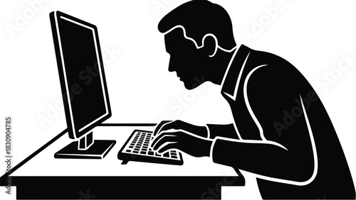 Man working on computer focused on the task at hand typing on keyboard.