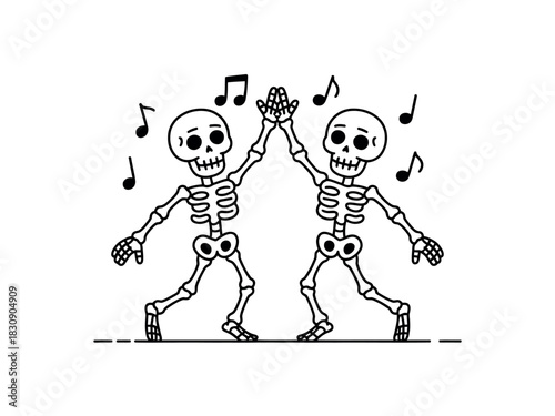 Two cartoon skeletons are joyfully dancing together while music notes float around them in a festive celebration.