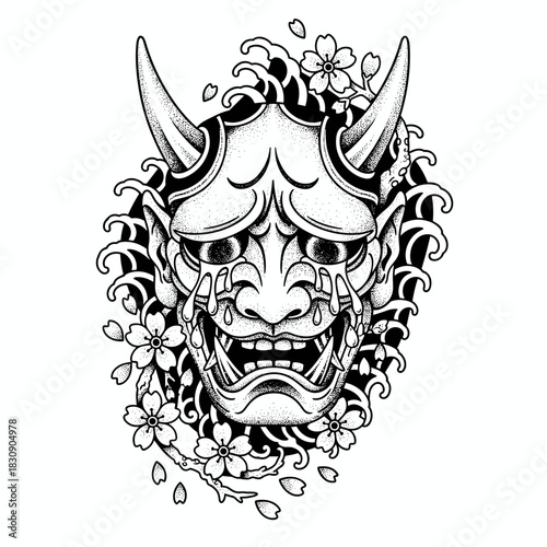 Japanese Oni Mask with Cherry Blossoms and Waves Tattoo Design.