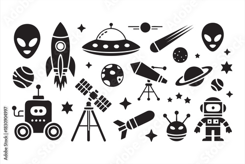Space and sci-fi icon pack with rockets, UFOs, planets, and astronomy tools