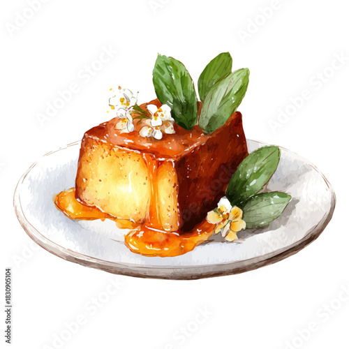 Malva Pudding, watercolor painting vector, isolated on a white background.