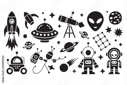 Sci-fi space icons including aliens, rockets, planets, and cosmic elements