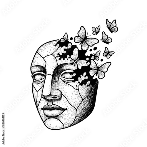 Fragmented Sculpture Head with Butterflies Emerging.