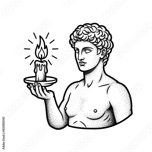 Ancient Greek Statue Holding a Burning Candle.