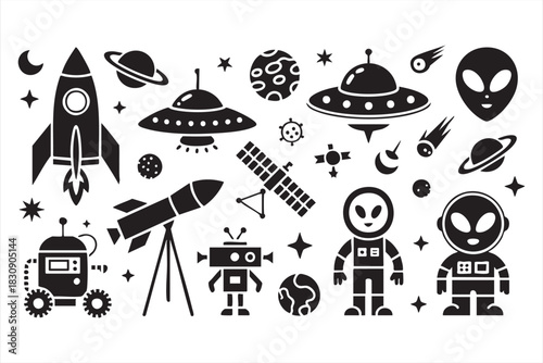 Space exploration illustrations for STEM education, posters, and digital design