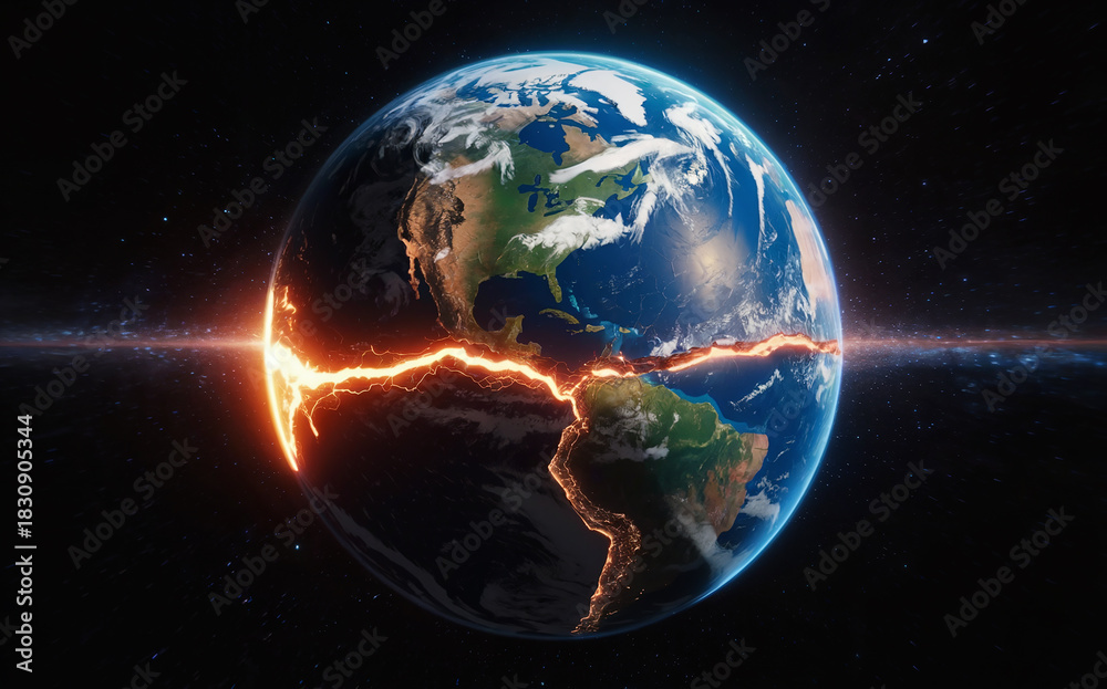 Fototapeta premium Planet Earth Splitting Apart with Glowing Fiery Crack from Space