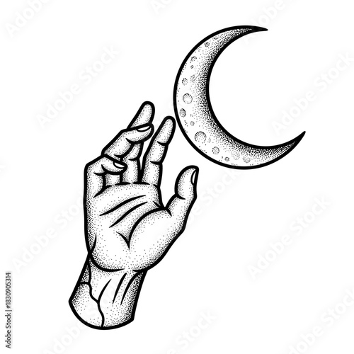 A mystical hand reaching for the crescent moon in a vintage illustration style.