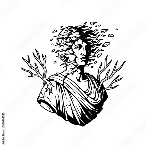 Ancient Greek Statue Fragment Dissolving into Nature Elements.