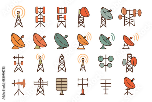 Various communication towers, radio antennas, and satellite dishes symbolizing technology and network
