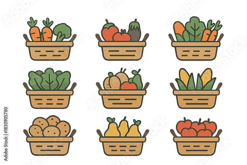 Nine baskets filled with fresh organic fruits and vegetables for market or farm