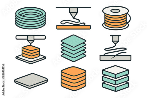 Nine colorful symbols depicting the stages and components of modern three dimensional printing