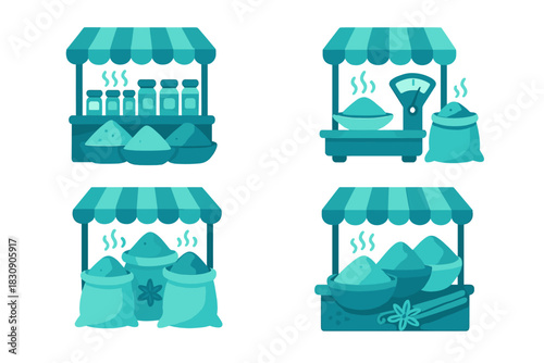 Monochromatic teal elements depicting spice trade, market scales, and bags