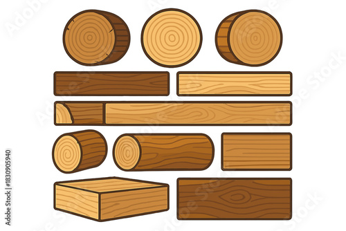 Various wooden materials including cut logs, timber planks, and square wood blocks