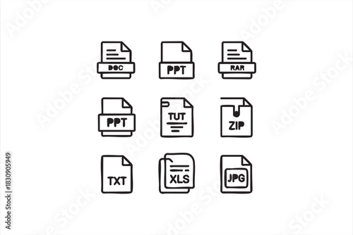 File format line icons for download pages, UI dashboards, and document systems