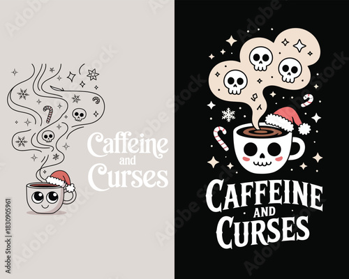 Spooky skull coffee cup with steam and christmas hat