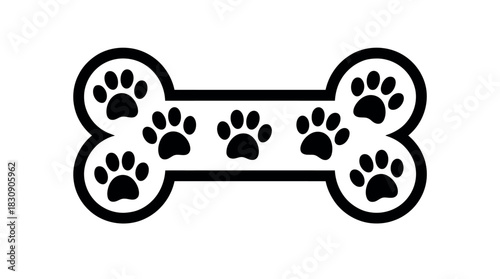 A stylized dog bone shape is decorated with multiple black paw print icons, representing a pet theme.