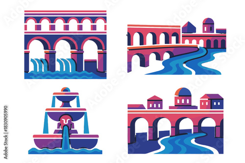 Stylized architectural icons of ancient aqueducts, stone bridges, and classical fountain