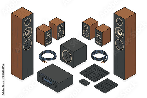 Isometric high-fidelity home audio system components: speakers, subwoofer, amplifier