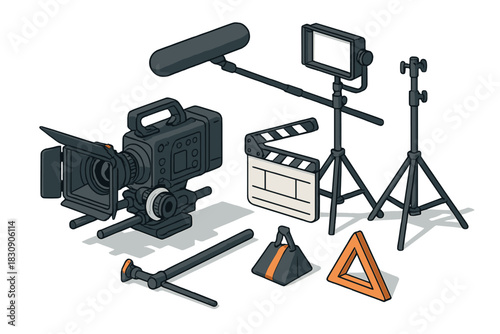 Essential equipment for professional film and video production set in isometric view