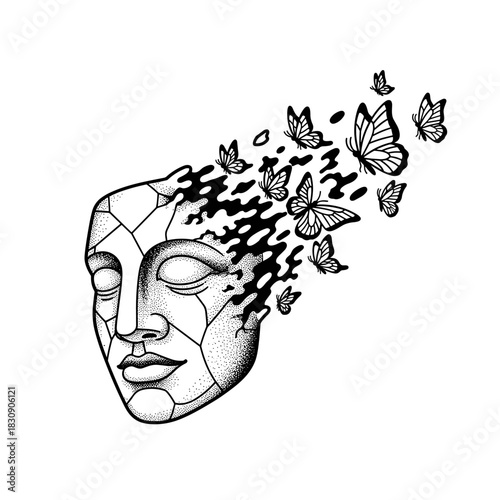 Ancient Sculpture Transforms into Butterflies Symbolizing Transformation and Freedom.