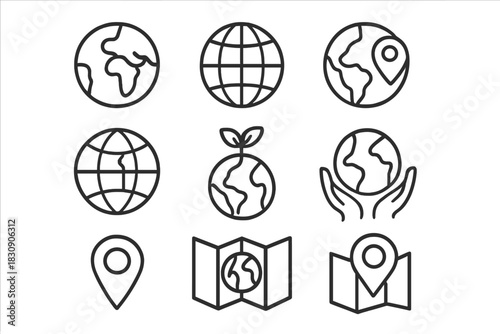 Simple outline icons for global location, travel, navigation, and environmental sustainability