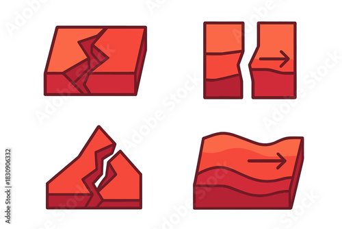 Geological faults and tectonic plate movements diagrams showing normal, reverse, and strike-slip types