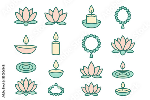 Spiritual and wellness icons collection featuring lotus flowers, burning candles, and prayer beads