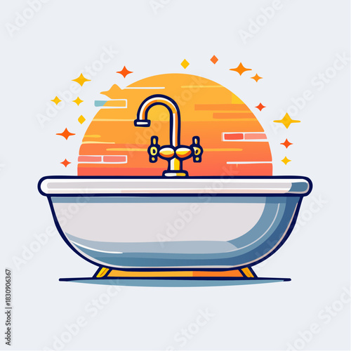 Pixel Art Bathtub With Chrome Faucet Under a Warm Sunset Sky With Brick Detail And Sparkling Stars