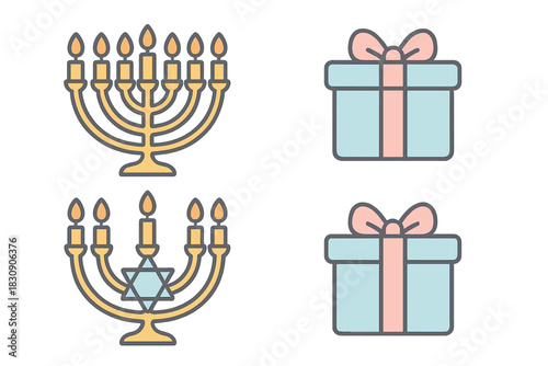 Hanukkah candelabras and wrapped gift boxes for Jewish holiday celebration