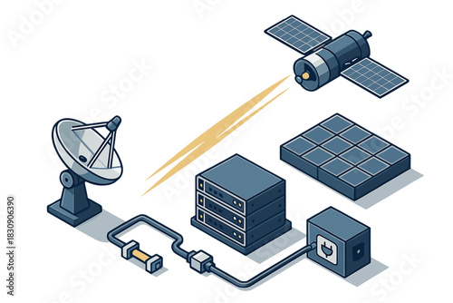 Isometric satellite communication network showing ground antenna, data servers, and power supply infrastructure