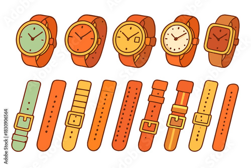 Classic analog wristwatches with colorful leather straps and metal buckles