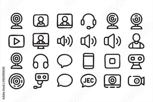 Video chat and streaming line icons for meeting apps and UI dashboards